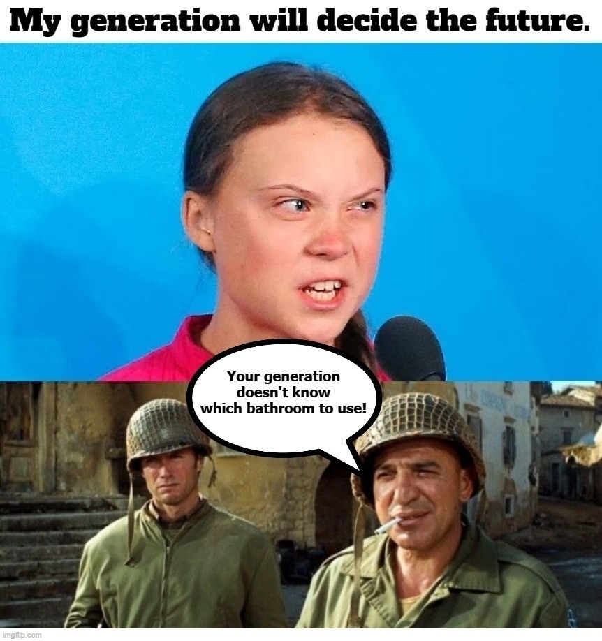 Your generation doesn't know which bathroom to use! | image tagged in ecofascist greta thunberg,special kind of stupid,special snowflake,special education,short bus,crisis actor | made w/ Imgflip meme maker