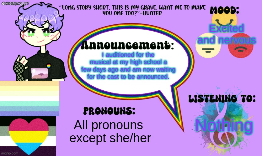 Excited and nervous; I auditioned for the musical at my high school a few days ago and am now waiting for the cast to be announced. Nothing; All pronouns 
except she/her | made w/ Imgflip meme maker