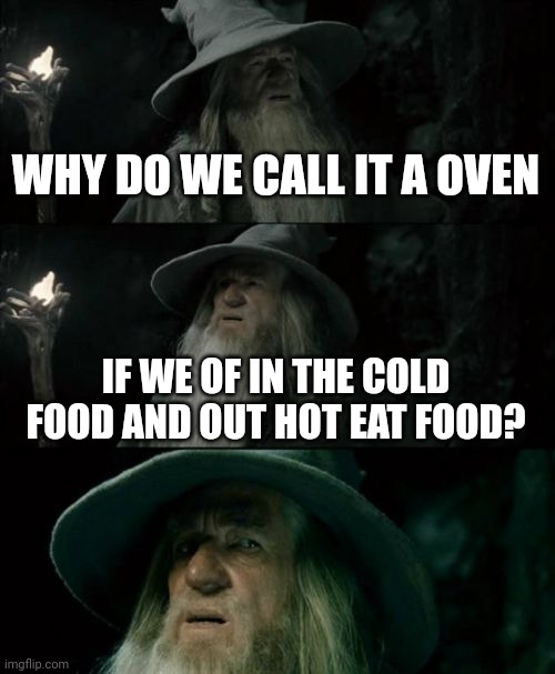 Confused Gandalf Meme | WHY DO WE CALL IT A OVEN; IF WE OF IN THE COLD FOOD AND OUT HOT EAT FOOD? | image tagged in memes,confused gandalf | made w/ Imgflip meme maker
