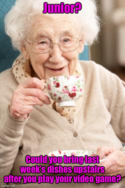 Old lady drinking tea | Junior? Could you bring last week’s dishes upstairs after you play your video game? | image tagged in old lady drinking tea | made w/ Imgflip meme maker