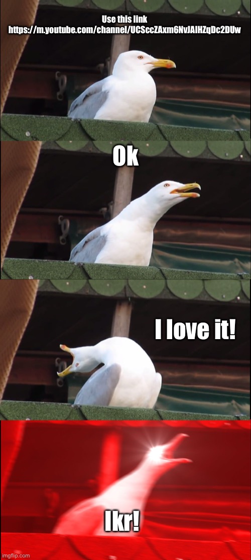 Inhaling Seagull Meme | Use this link
https://m.youtube.com/channel/UCSccZAxm6NvJAIHZqDc2DUw; Ok; I love it! Ikr! | image tagged in memes,inhaling seagull | made w/ Imgflip meme maker
