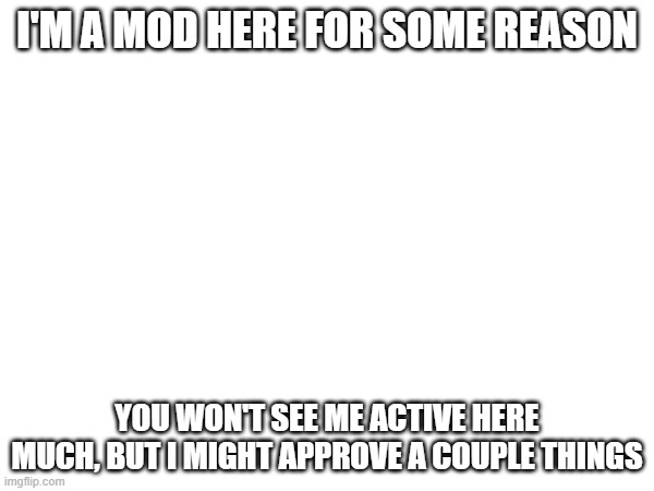 I'M A MOD HERE FOR SOME REASON; YOU WON'T SEE ME ACTIVE HERE MUCH, BUT I MIGHT APPROVE A COUPLE THINGS | made w/ Imgflip meme maker