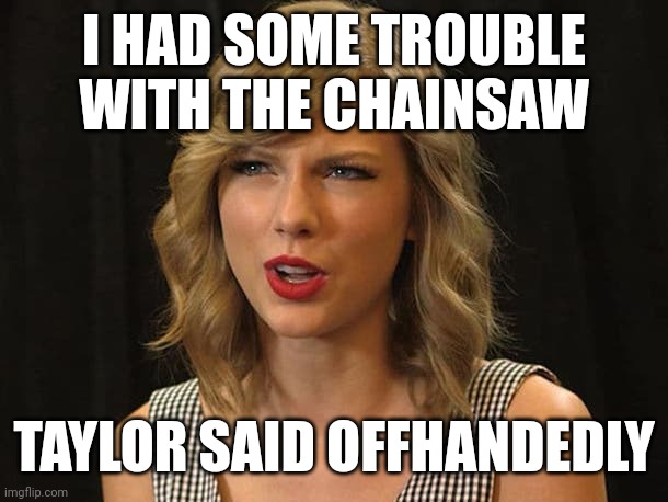 Taylor said offhandedly | I HAD SOME TROUBLE WITH THE CHAINSAW; TAYLOR SAID OFFHANDEDLY | image tagged in taylor swiftie | made w/ Imgflip meme maker