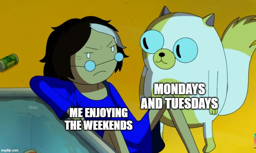 Its Weekend! | MONDAYS AND TUESDAYS; ME ENJOYING THE WEEKENDS | image tagged in me and the cat,cats,mondays,weekend,cat memes,memes | made w/ Imgflip meme maker