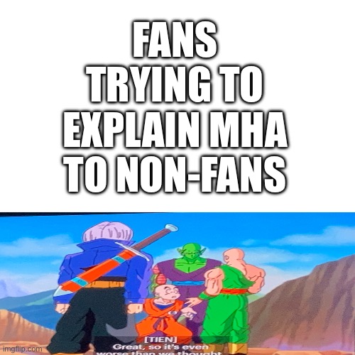 Honestly not one tho, More of a One-Piece fan. | FANS TRYING TO EXPLAIN MHA TO NON-FANS | image tagged in tien probably is right,mha,my hero academia,anime meme,tien is right,do not try at home | made w/ Imgflip meme maker