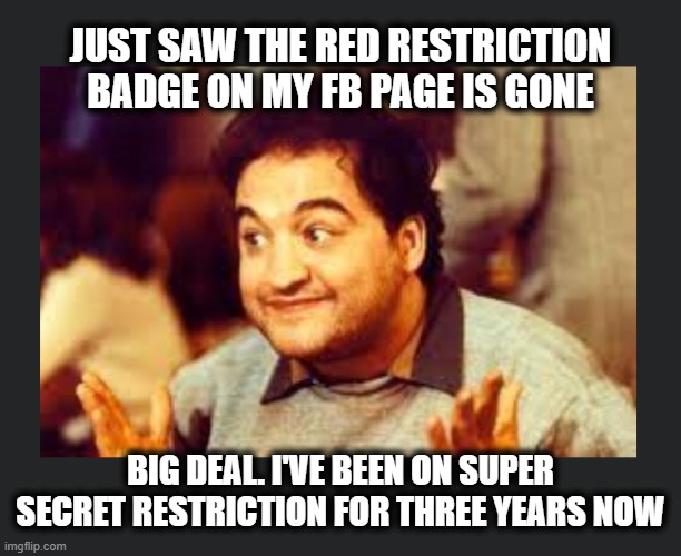 Had a following there of 10k back then. I'm thankful to reach 100 any given day now. | JUST SAW THE RED RESTRICTION BADGE ON MY FB PAGE IS GONE; BIG DEAL. I'VE BEEN ON SUPER SECRET RESTRICTION FOR THREE YEARS NOW | image tagged in fb censorship,censorship,information warfare | made w/ Imgflip meme maker