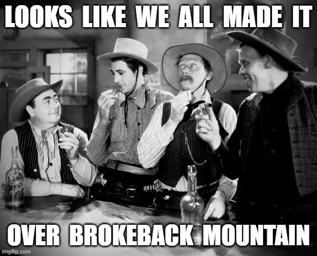 Brokeback | LOOKS  LIKE  WE  ALL  MADE  IT; OVER  BROKEBACK  MOUNTAIN | image tagged in cowboys | made w/ Imgflip meme maker