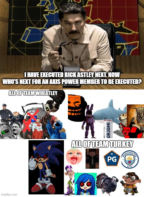 I HAVE EXECUTED RICK ASTLEY NEXT. NOW WHO'S NEXT FOR AN AXIS POWER MEMBER TO BE EXECUTED? | image tagged in red alert stalin,blank white template | made w/ Imgflip meme maker