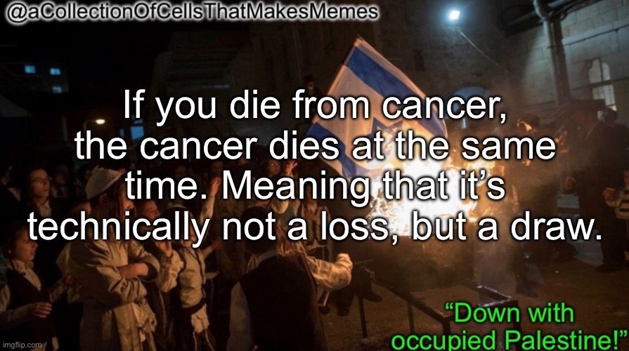 I hate Israel | If you die from cancer, the cancer dies at the same time. Meaning that it’s technically not a loss, but a draw. | image tagged in acollectionofcellsthatmakesmemes announcement template | made w/ Imgflip meme maker