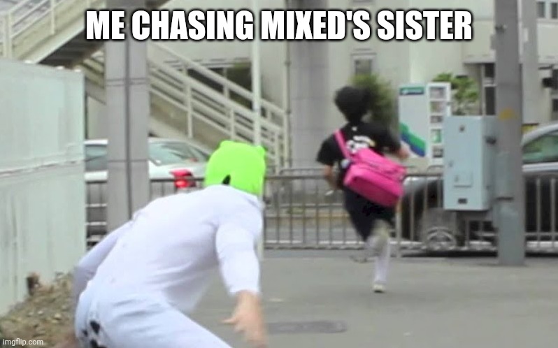 Salamander man chasing a girl | ME CHASING MIXED'S SISTER | image tagged in salamander man chasing a girl | made w/ Imgflip meme maker