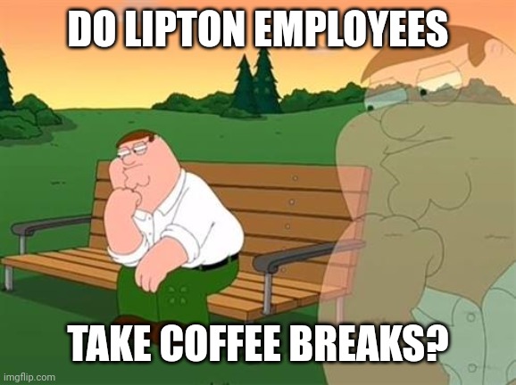 pensive reflecting thoughtful peter griffin | DO LIPTON EMPLOYEES; TAKE COFFEE BREAKS? | image tagged in pensive reflecting thoughtful peter griffin | made w/ Imgflip meme maker