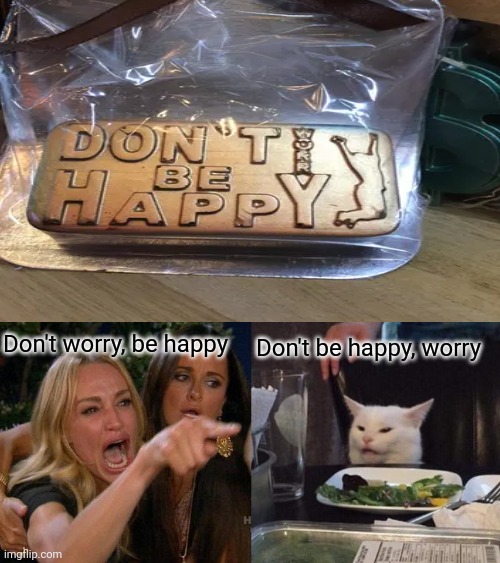 Don't worry? | Don't worry, be happy; Don't be happy, worry | image tagged in memes,woman yelling at cat | made w/ Imgflip meme maker
