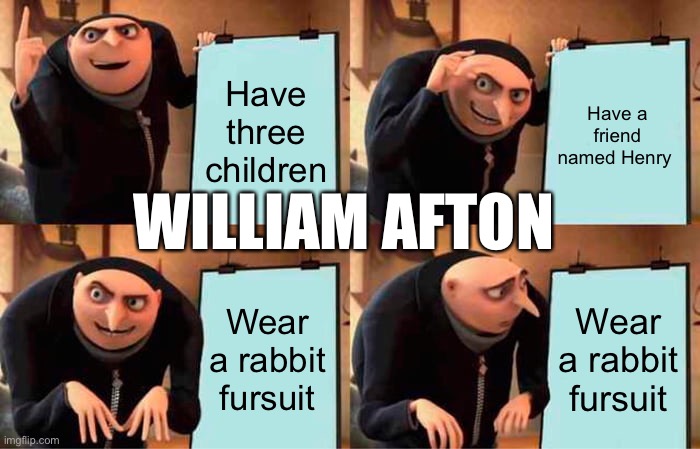 Gru's Plan Meme | Have three children Have a friend named Henry Wear a rabbit fursuit Wear a rabbit fursuit WILLIAM AFTON | image tagged in memes,gru's plan | made w/ Imgflip meme maker