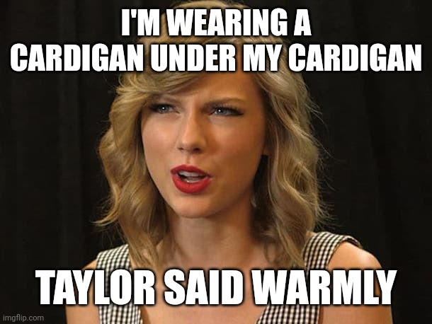 Taylor said warmly | I'M WEARING A CARDIGAN UNDER MY CARDIGAN; TAYLOR SAID WARMLY | image tagged in taylor swiftie | made w/ Imgflip meme maker