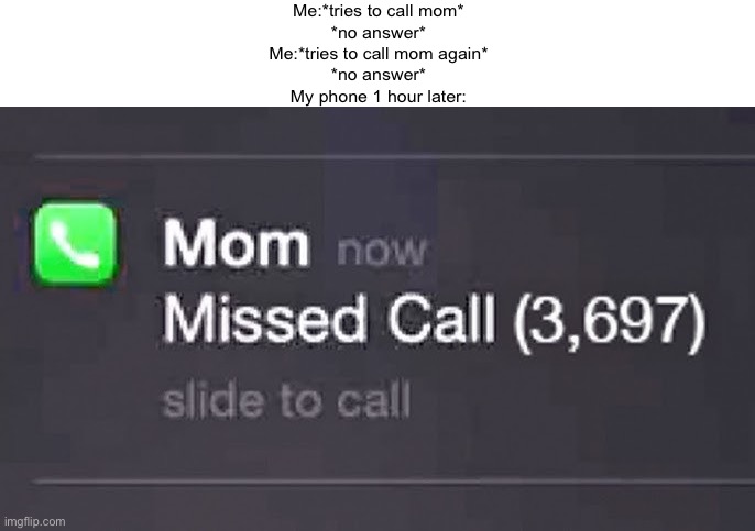 Certified bruh moment | Me:*tries to call mom*
*no answer*
Me:*tries to call mom again*
*no answer*
My phone 1 hour later: | image tagged in mom,bruh moment | made w/ Imgflip meme maker