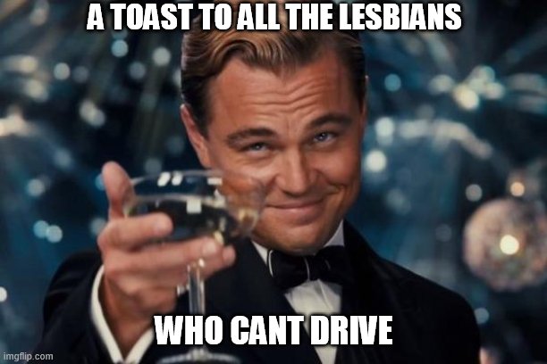 (*_*) | A TOAST TO ALL THE LESBIANS; WHO CANT DRIVE | image tagged in memes,leonardo dicaprio cheers,toast,lesbians,lesbian problems | made w/ Imgflip meme maker