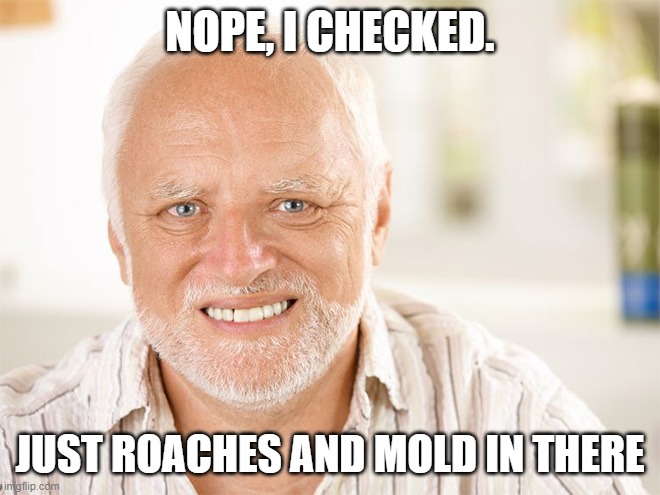 Awkward smiling old man | NOPE, I CHECKED. JUST ROACHES AND MOLD IN THERE | image tagged in awkward smiling old man | made w/ Imgflip meme maker