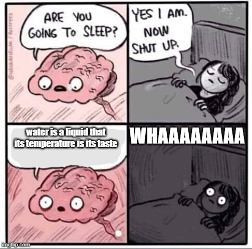 Are you going to sleep? | WHAAAAAAAA; water is a liquid that its temperature is its taste | image tagged in are you going to sleep | made w/ Imgflip meme maker