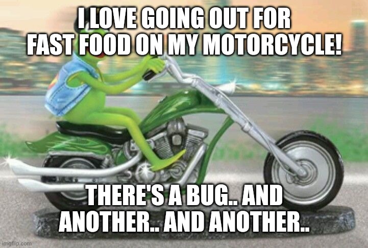 Kermit on motorcycle | I LOVE GOING OUT FOR FAST FOOD ON MY MOTORCYCLE! THERE'S A BUG.. AND ANOTHER.. AND ANOTHER.. | image tagged in kermit on motorcycle | made w/ Imgflip meme maker