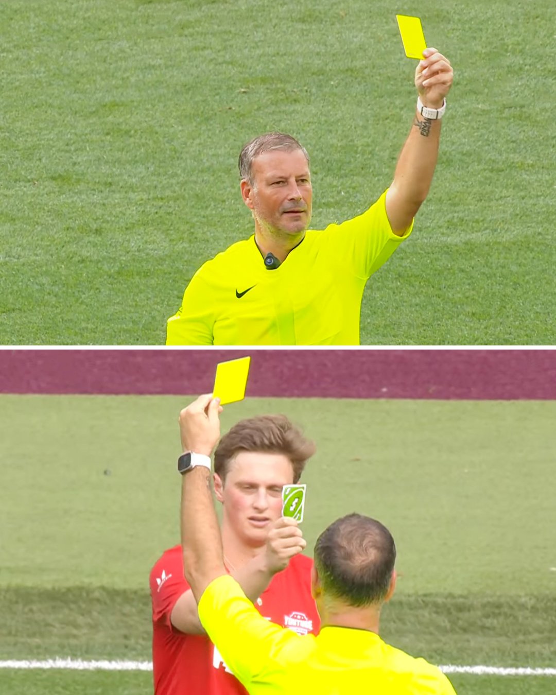 Player counters yellow card from referee with Uno reverse card Blank Meme Template