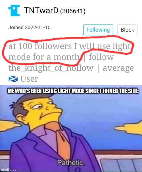 blud it ain't that hard (also this is a /j you ain't pathetic) | ME WHO'S BEEN USING LIGHT MODE SINCE I JOINED THE SITE: | image tagged in skinner pathetic | made w/ Imgflip meme maker