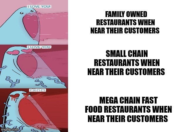 We need more family owned restaurants | FAMILY OWNED RESTAURANTS WHEN NEAR THEIR CUSTOMERS; SMALL CHAIN RESTAURANTS WHEN NEAR THEIR CUSTOMERS; MEGA CHAIN FAST FOOD RESTAURANTS WHEN NEAR THEIR CUSTOMERS | image tagged in valentine's nightmare,food memes,restaurant | made w/ Imgflip meme maker