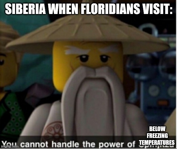 It's below freezing temperatures | SIBERIA WHEN FLORIDIANS VISIT:; BELOW FREEZING TEMPERATURES | image tagged in you cannot handle the power of spinjitzu,florida,russia | made w/ Imgflip meme maker