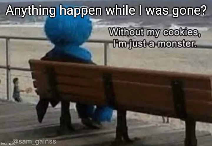 Without my cookies I'm just a monster | Anything happen while I was gone? | image tagged in without my cookies i'm just a monster | made w/ Imgflip meme maker