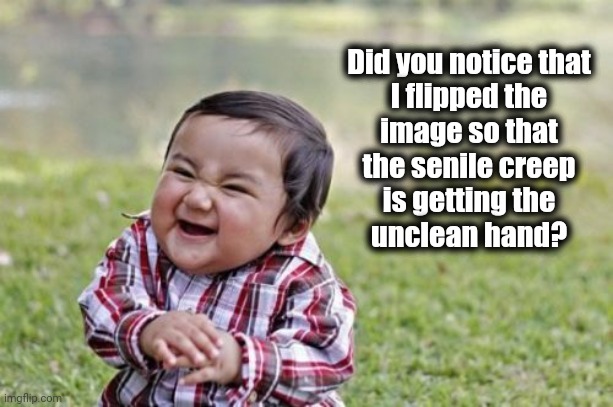 Evil Toddler Meme | Did you notice that
I flipped the
image so that
the senile creep
is getting the
unclean hand? | image tagged in memes,evil toddler | made w/ Imgflip meme maker