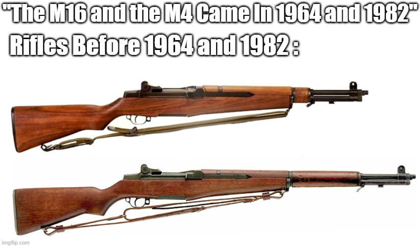 Old Is Gold. | "The M16 and the M4 Came In 1964 and 1982"; Rifles Before 1964 and 1982 : | image tagged in m1 garand rifle,m16 rifle | made w/ Imgflip meme maker
