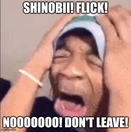 NOOOOOOOOOOOOOOOOOOOOOOOOOOOOOOOOOOOOOOOOOOOOOOOOOOOOOOOOOOOOOOO | SHINOBII! FLICK! NOOOOOOO! DON'T LEAVE! | image tagged in nooooooooooooooooooooooooooooooooooooooooooooooooooooooooooooooo | made w/ Imgflip meme maker