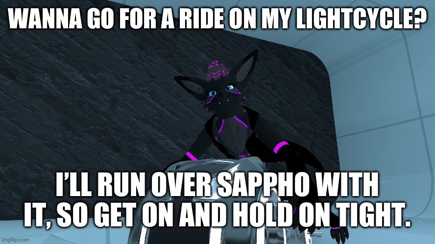 I’m gonna run her over, I promise. Just hold onto me so you don’t fall off. | WANNA GO FOR A RIDE ON MY LIGHTCYCLE? I’LL RUN OVER SAPPHO WITH IT, SO GET ON AND HOLD ON TIGHT. | image tagged in vehicular manslaughter,lightcycles,tron,killing,killing sappho | made w/ Imgflip meme maker