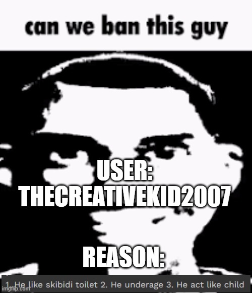 Can we ban this guy | USER:
THECREATIVEKID2007; REASON: | image tagged in can we ban this guy | made w/ Imgflip meme maker