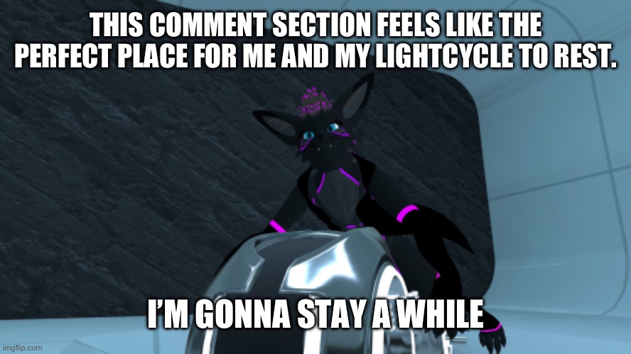 THIS COMMENT SECTION FEELS LIKE THE PERFECT PLACE FOR ME AND MY LIGHTCYCLE TO REST. I’M GONNA STAY A WHILE | made w/ Imgflip meme maker