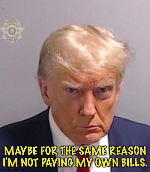 Donald Trump Mugshot | MAYBE FOR THE SAME REASON I'M NOT PAYING MY OWN BILLS. | image tagged in donald trump mugshot | made w/ Imgflip meme maker