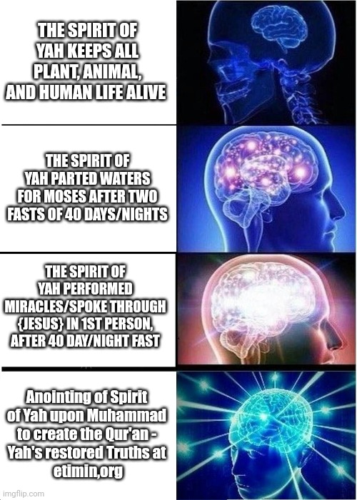 Truth | THE SPIRIT OF YAH KEEPS ALL PLANT, ANIMAL, AND HUMAN LIFE ALIVE; THE SPIRIT OF YAH PARTED WATERS FOR MOSES AFTER TWO FASTS OF 40 DAYS/NIGHTS; THE SPIRIT OF YAH PERFORMED MIRACLES/SPOKE THROUGH {JESUS} IN 1ST PERSON, AFTER 40 DAY/NIGHT FAST; Anointing of Spirit 
of Yah upon Muhammad 
to create the Qur'an - 
Yah's restored Truths at 
etimin,org | image tagged in memes,expanding brain | made w/ Imgflip meme maker