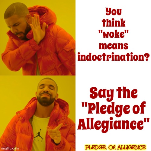 We're ALL Indoctrinated In Pre-School | You think "woke" means indoctrination? Say the "Pledge of Allegiance"; PLEDGE. Of. ALLIGENCE | image tagged in memes,drake hotline bling,indoctrination,that's how they control you,lock him up,scumbag republicans | made w/ Imgflip meme maker