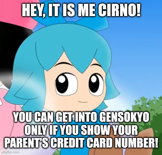 Cirno in Kirby | HEY, IT IS ME CIRNO! YOU CAN GET INTO GENSOKYO ONLY IF YOU SHOW YOUR PARENT'S CREDIT CARD NUMBER! | image tagged in memes,touhou,nine | made w/ Imgflip meme maker