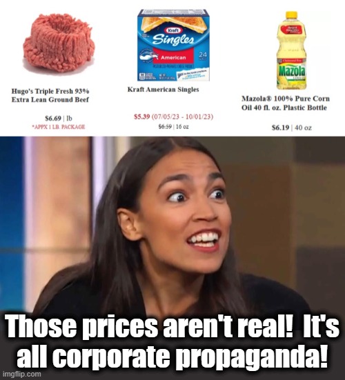 The result of corporate greed, which began on January 20, 2021! | Those prices aren't real!  It's
all corporate propaganda! | image tagged in crazy aoc,inflation,corporate propaganda,corporate greed,joe biden,democrats | made w/ Imgflip meme maker