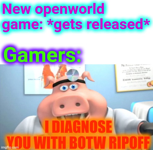 This happens every time... | New openworld game: *gets released*; Gamers:; I DIAGNOSE YOU WITH BOTW RIPOFF | image tagged in i diagnose you with dead | made w/ Imgflip meme maker