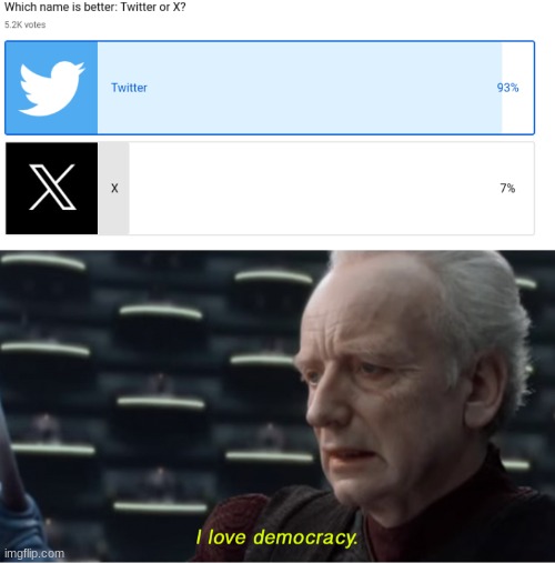 It will always be Twitter to me... | image tagged in i love democracy,ummm,i like ya cut g,car salesman slaps roof of car,car salesman slaps hood,uwu | made w/ Imgflip meme maker