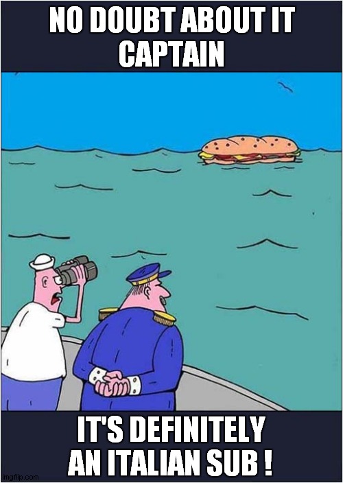 Is That What I Think Is ? | NO DOUBT ABOUT IT 
CAPTAIN; IT'S DEFINITELY AN ITALIAN SUB ! | image tagged in italian,sub,visual pun | made w/ Imgflip meme maker