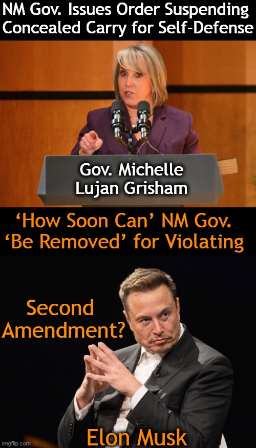 Shall Not Be Infringed | NM Gov. Issues Order Suspending 
Concealed Carry for Self-Defense; Gov. Michelle Lujan Grisham; ‘How Soon Can’ NM Gov. 
‘Be Removed’ for Violating; Second 
Amendment? Elon Musk | image tagged in politics,elon musk,right to bear arms,second amendment,governor,you can't handle the truth | made w/ Imgflip meme maker