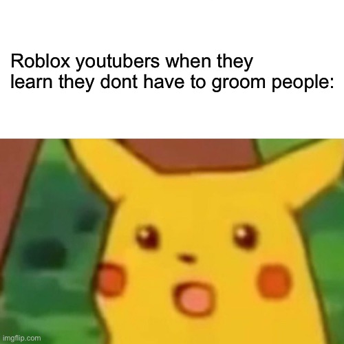 no | Roblox youtubers when they learn they dont have to groom people: | image tagged in memes,surprised pikachu | made w/ Imgflip meme maker