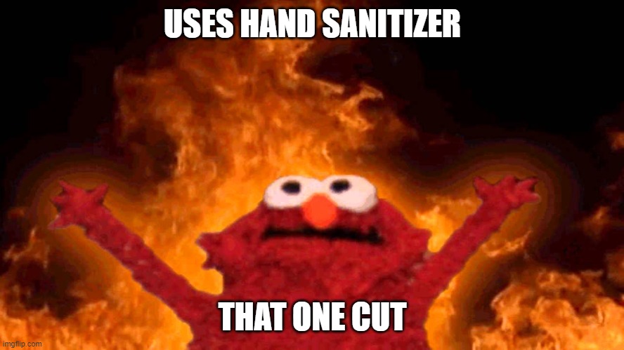 elmo fire | USES HAND SANITIZER; THAT ONE CUT | image tagged in elmo fire | made w/ Imgflip meme maker