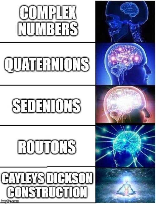 When you learn Cayley's Dickson Construction | COMPLEX NUMBERS; QUATERNIONS; SEDENIONS; ROUTONS; CAYLEYS DICKSON CONSTRUCTION | image tagged in expanding brain 5 panel | made w/ Imgflip meme maker