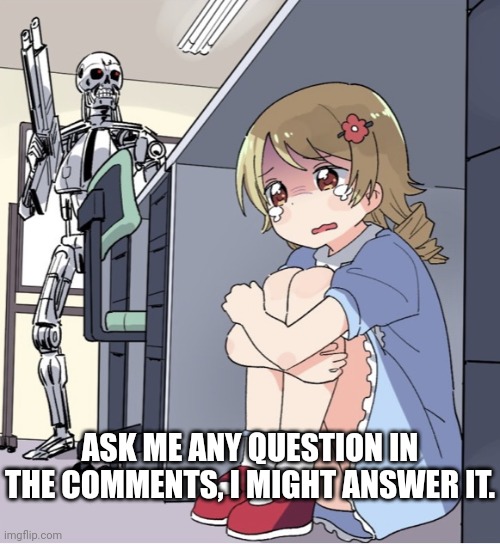 Anime Girl Hiding from Terminator | ASK ME ANY QUESTION IN THE COMMENTS, I MIGHT ANSWER IT. | image tagged in anime girl hiding from terminator | made w/ Imgflip meme maker