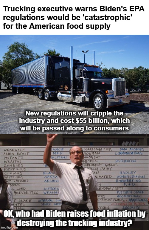 More democrat destruction of the country | Trucking executive warns Biden's EPA
regulations would be 'catastrophic'
for the American food supply; New regulations will cripple the
industry and cost $55 billion, which
will be passed along to consumers; OK, who had Biden raises food inflation by
destroying the trucking industry? | image tagged in cabin the the woods,joe biden,democrats,trucks,epa,inflation | made w/ Imgflip meme maker