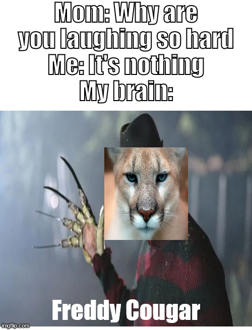 I saw a 'Freddy Fazbear kreuger' thing and it lead to this | Mom: Why are you laughing so hard
Me: It's nothing
My brain:; Freddy Cougar | image tagged in funny,freddy krueger,cougar | made w/ Imgflip meme maker