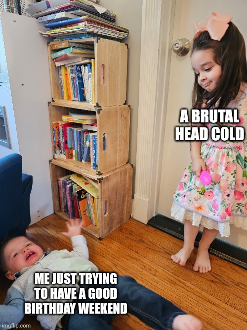 Life watching me suffer | A BRUTAL HEAD COLD; ME JUST TRYING TO HAVE A GOOD BIRTHDAY WEEKEND | image tagged in life watching me,mother help,i have fallen,suffering,oh no,i hate this | made w/ Imgflip meme maker